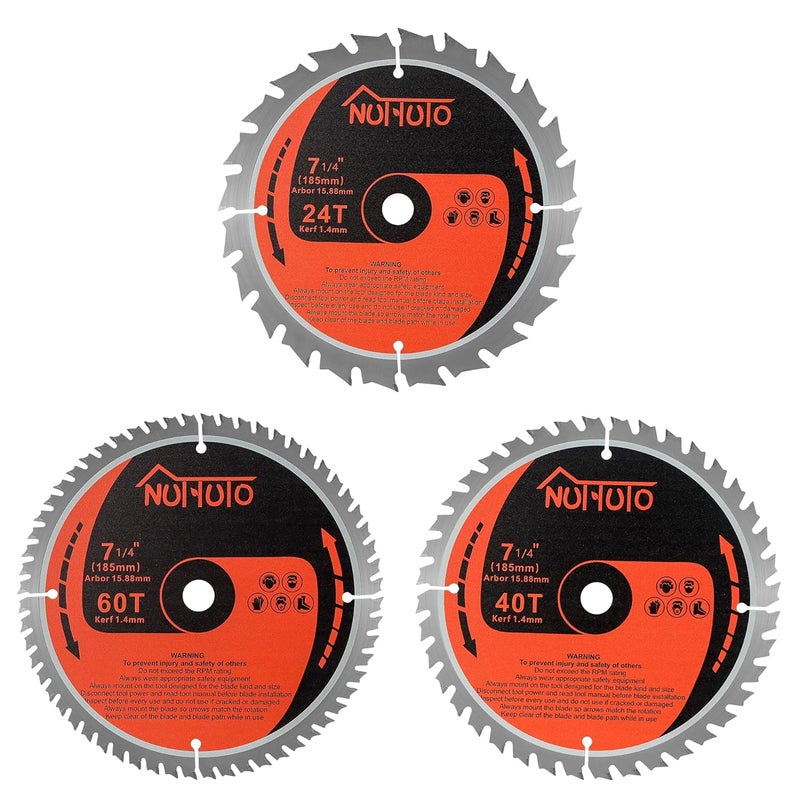 NUTTUTO 3 Pack 7-1/4 Inch 24T&40T&60T Circular Saw Blade, Saw Blade Arbor Size 5/8-inch, TCT ATB for Cutting Wood, Plastic, PVC, Acrylic,by - Image 1